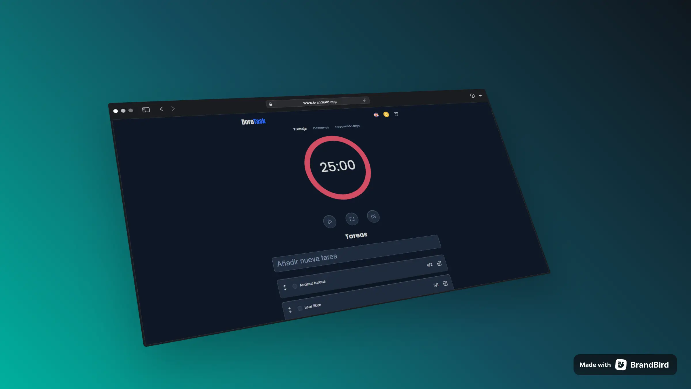 Vista principal de la aplicación Pomodoro Timer